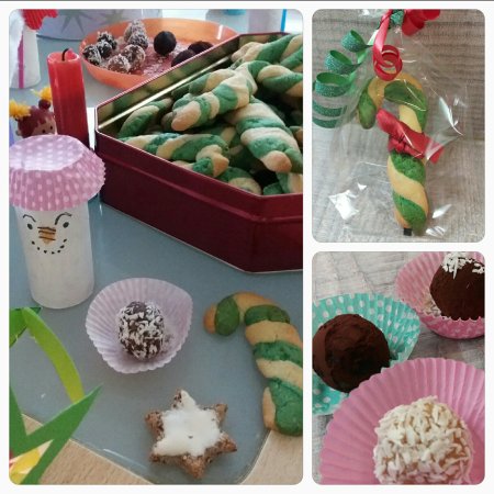 Zuckerstangen und Pralinen in der Weihnachtsbäckerei