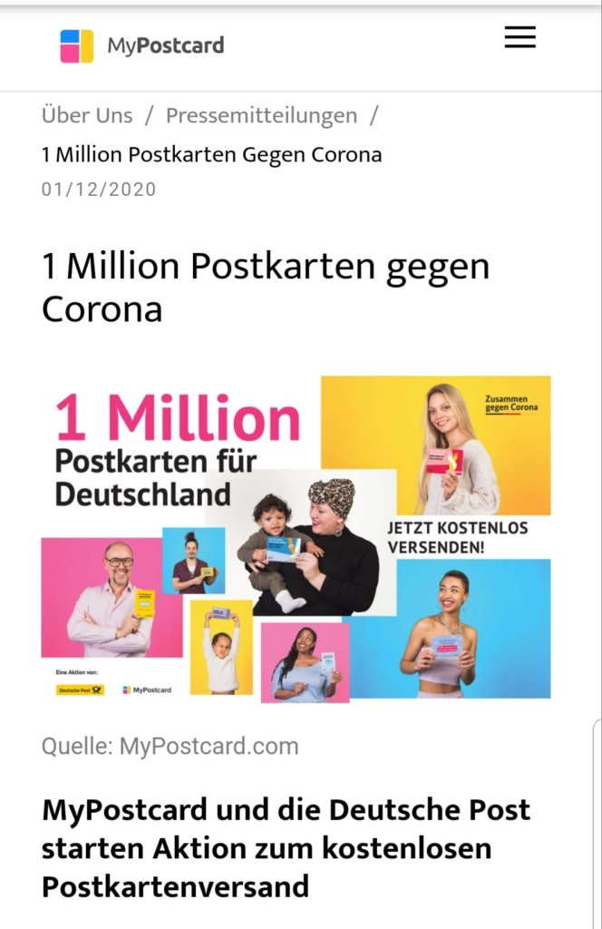 1 Millionen Postkarten gegen Corona MyPostcard